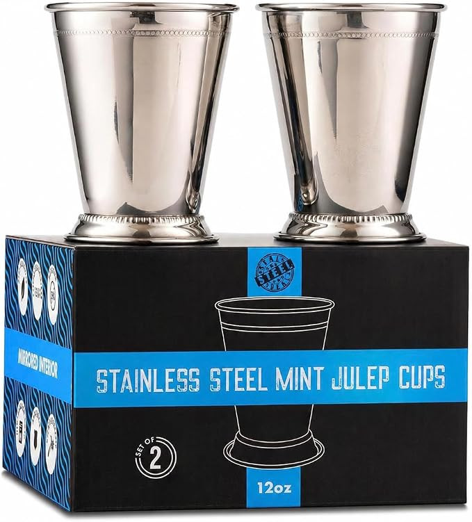 Mint Julep Cups: Stainless Steel Glasses, Set of 2 Metal 12 oz Cocktail Glasses, Party Supplies | Amazon (US)