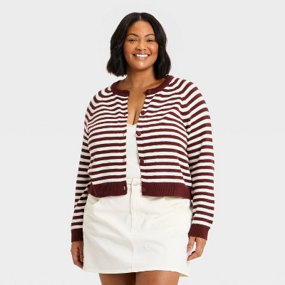Women's Crewneck Cotton Cardigan - Universal Thread™ Maroon Striped 4X | Target