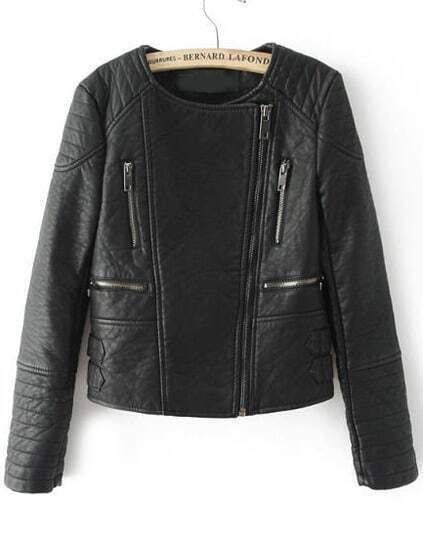 Zipper Crop PU Jacket-Black | Romwe