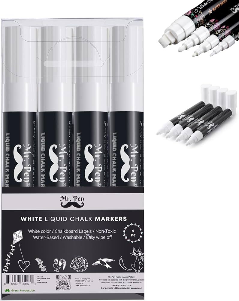 Mr. Pen- White Chalk Markers, 4 Pack, Dual Tip, 8 labels, White Liquid Chalk Marker, For Non-poro... | Amazon (US)
