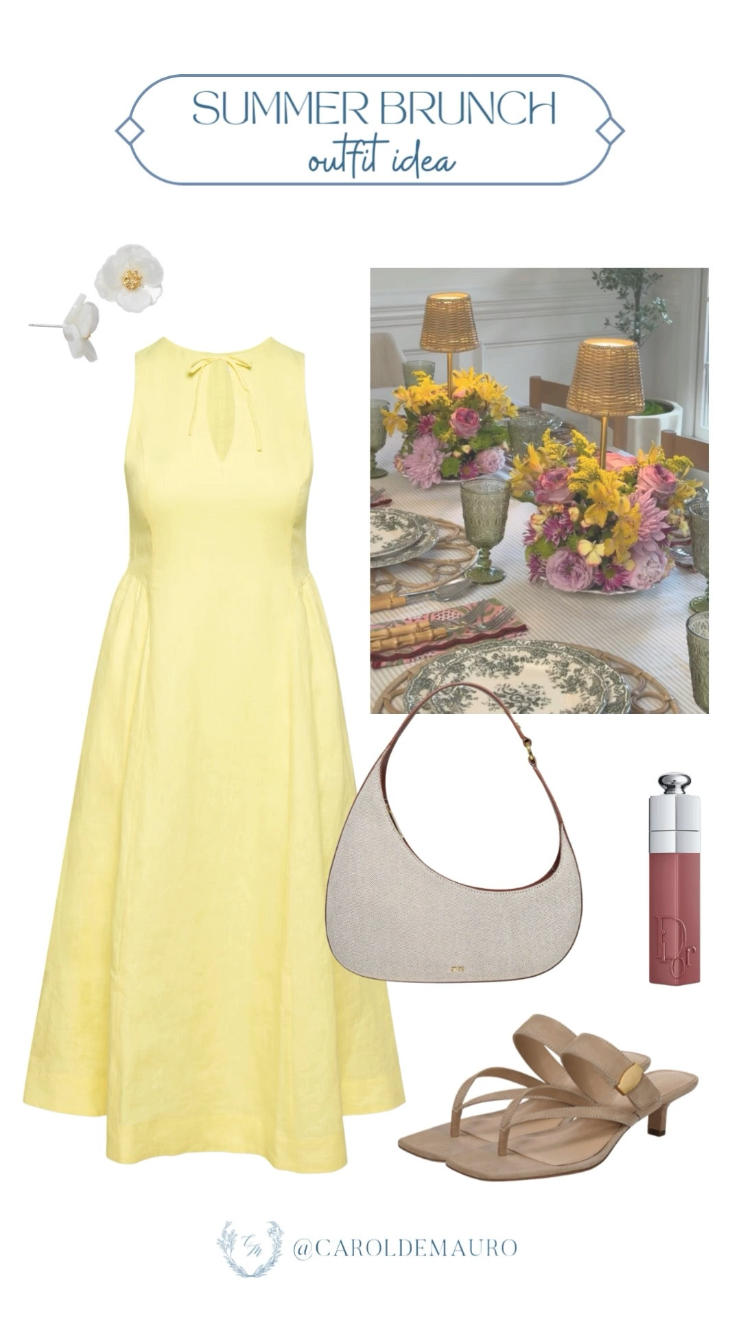 This butter yellow keyhole dress paired with a woven shoulder bag and kitten heel sandals is such a fresh and easy summer brunch look. The flower earrings and Dior lip gloss finish it off perfectly.

dressy outfit, brunch style, summer fashion, women's outfit inspo, casual chic, pastel dress

#LTKootd #LTKPetite #LTKU