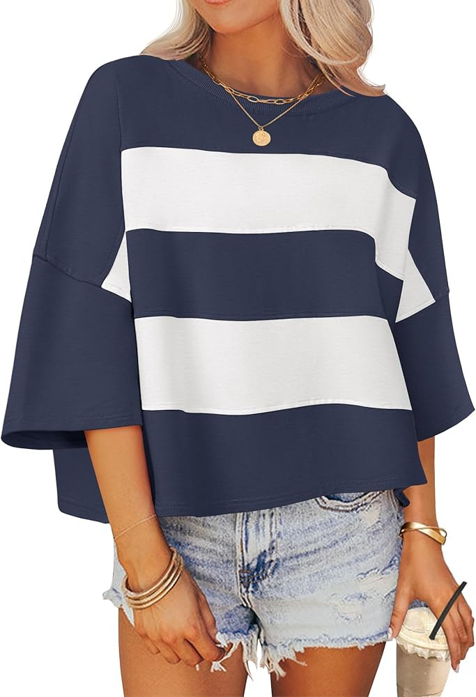 ZESICA Women's Summer 2025 3/4 Sleeve Casual Tee Tops Crewneck Drop Shoulder Color Block Oversize... | Amazon (US)