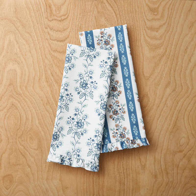 Flower Bloom Tea Towels, Set of 2 - Flower Bloom & Flower Stripe - Blue/White, Size 20 x 30, Cotton | The Company Store | The Company Store
