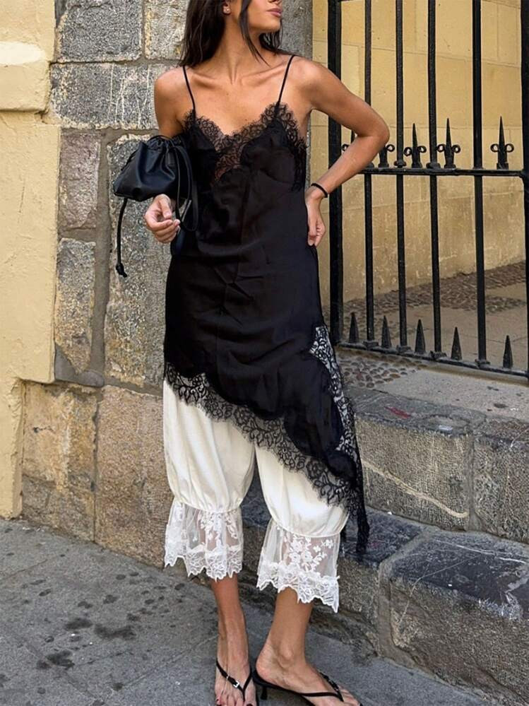 Women Lace Trim Satin High Low Tops Silk Spaghetti Strap Side Split Asymmetrical Cami Top Flowy S... | SHEIN