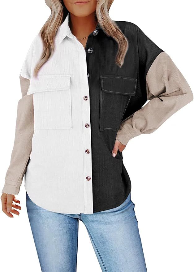 Womens Corduroy Contrast Button Down Lapel Shirt Casual Collared Jacket Tops Shacket Coats | Amazon (US)