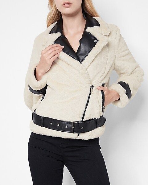 Faux Fur & Leather Trim Moto Jacket | Express
