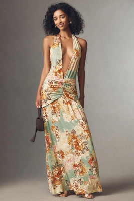 AFRM Cadiz Halter Plunge-Neck Stretch Slinky Knit Maxi Dress | Anthropologie (US)