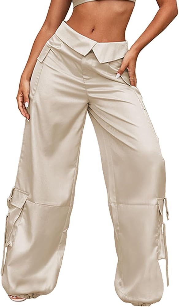 Cargo Pants for Women Lapel Waist Parachute Pants Casual Straight Pants with Flap Pockets | Amazon (US)