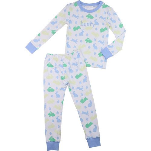 Blue And Green Easter Egg And Bunny Knit Pajamas | Cecil and Lou
