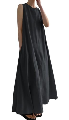 CHARTOU Women's X-Large Black Cotton Linen Sleeveless Maxi Dress - Floor Length, A-Line, Casual, Summer | Amazon (US)