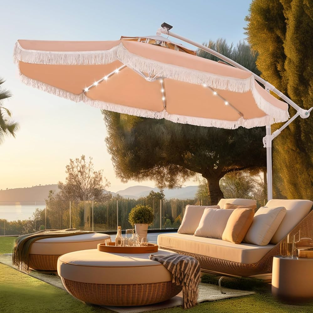 PHI VILLA 10ft Patio Offset Umbrellas with Tassel, Outdoor Market Double Top Hanging Umbrella wit... | Amazon (US)