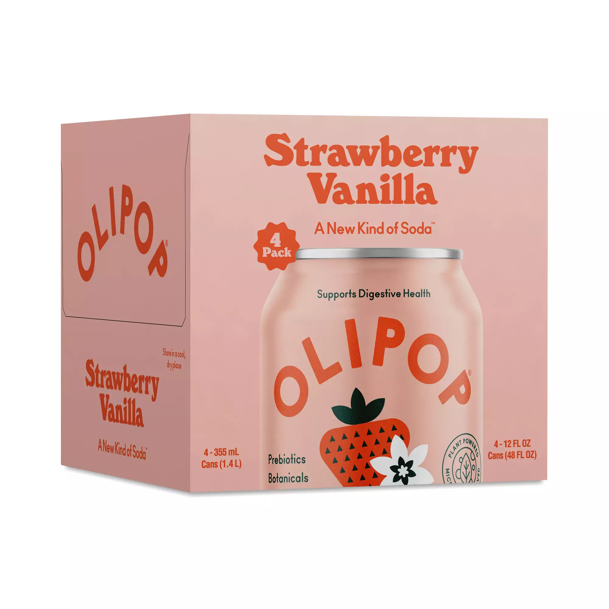 Olipop Prebiotic Soda, Strawberry Vanilla 4 cans (12 fl oz each) | Thrive Market