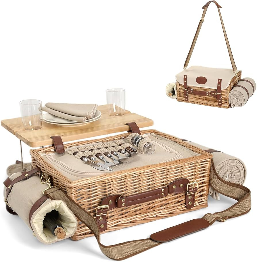 Mutifunctional Wicker Picnic Basket Set for 2 with Blanket and Picnic Table, Insulated Picnic Set... | Amazon (US)