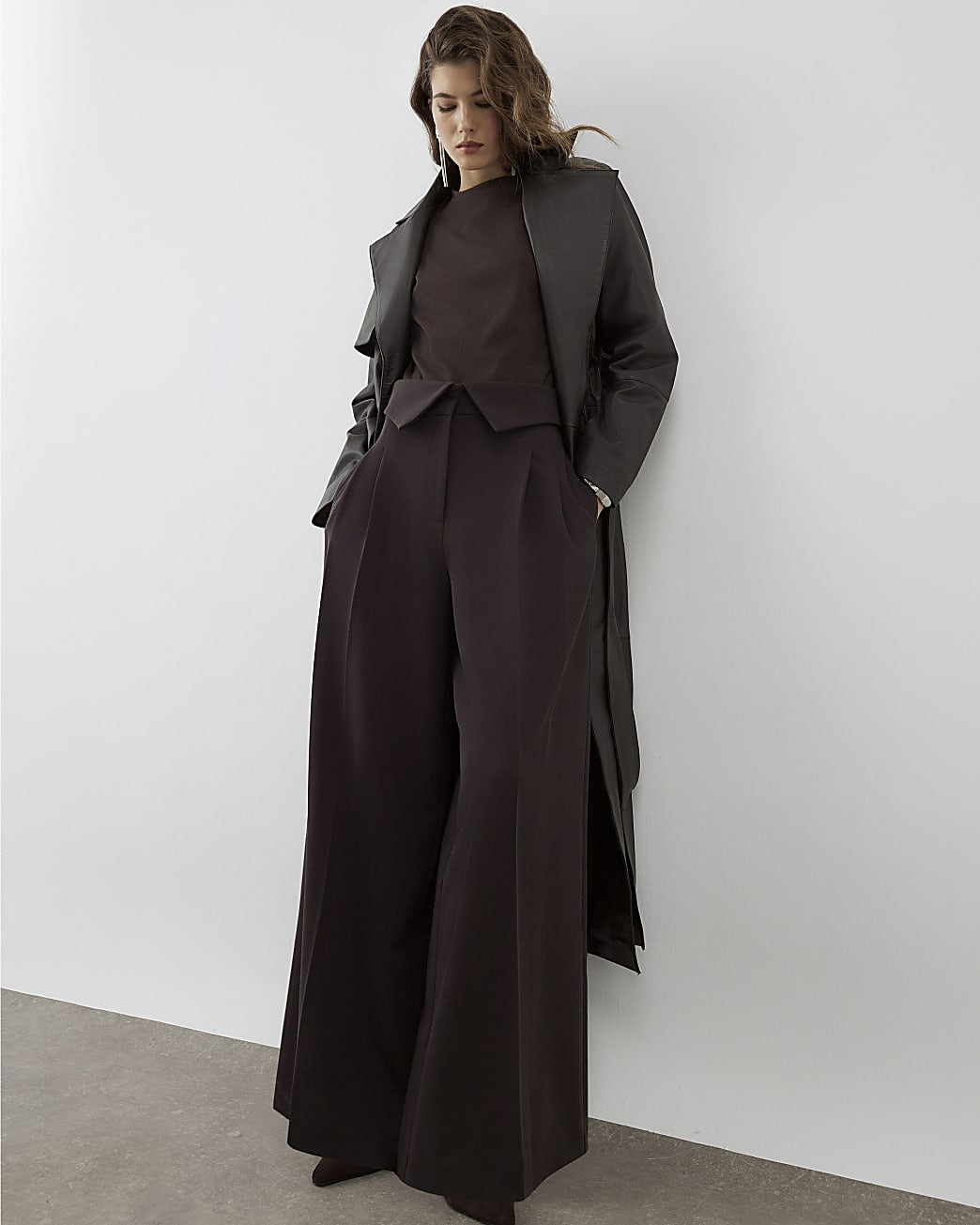 RI Studio Brown fold over Waist Wide Trousers | River Island UK & IE