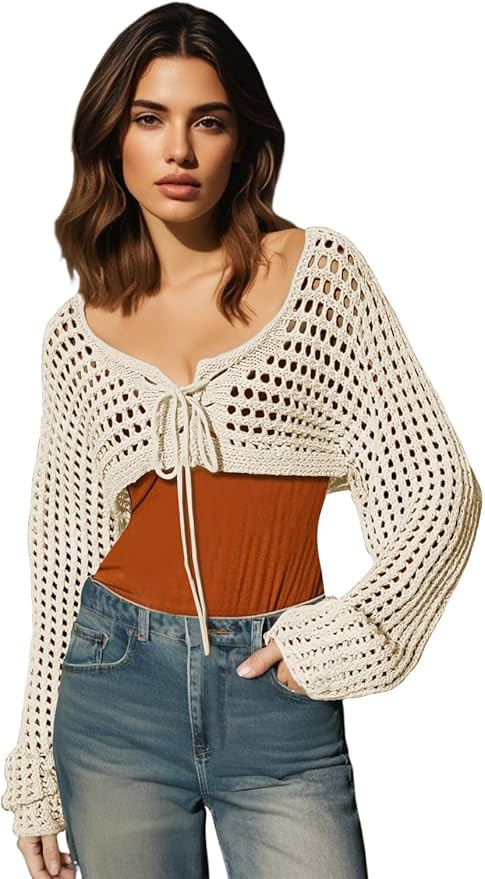Womens Long Sleeve Crochet Shrug Tie Front Cropped Cardigan Sweaters Knit Bolero Outwear Tops | Amazon (US)