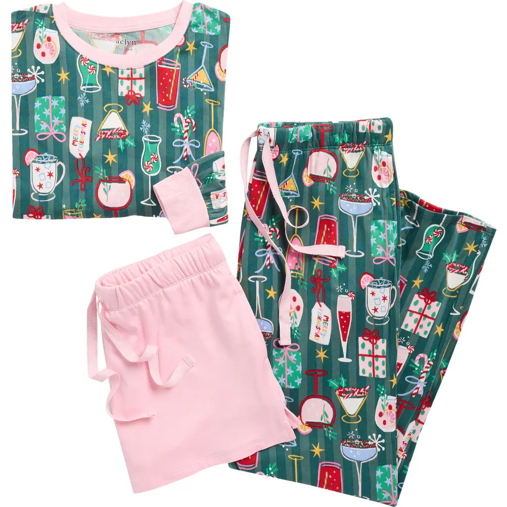 JACLYN Holiday Long Sleeve Top, Shorts & Pants Pajamas in Merry Friendsma at Nordstrom Rack, Size Large | Nordstrom Rack