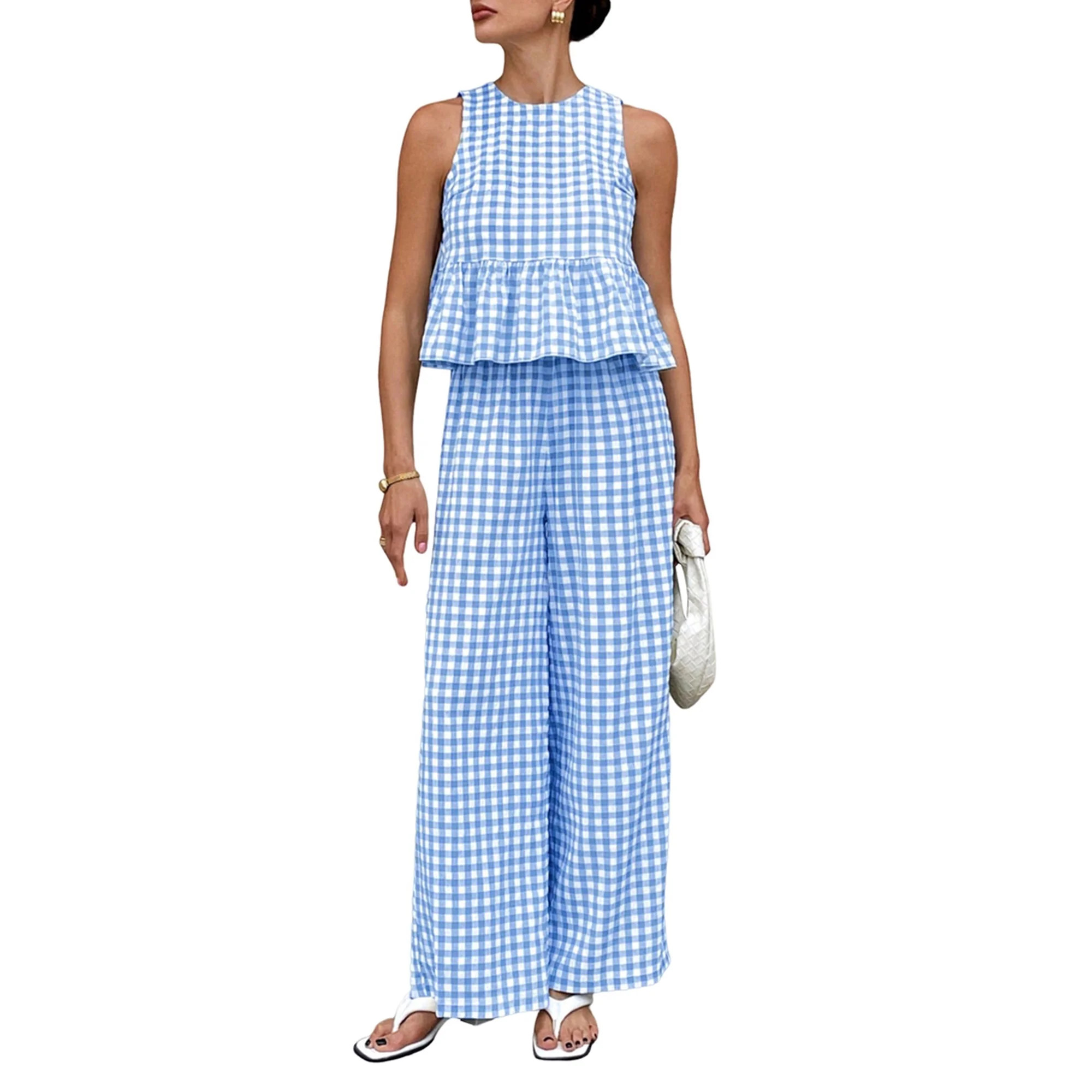 Women'S 2 Piece Gingham Set Summer Outfits Ruffle Tank Top and Wide Leg Pants Matching Lounge Set | Walmart (US)
