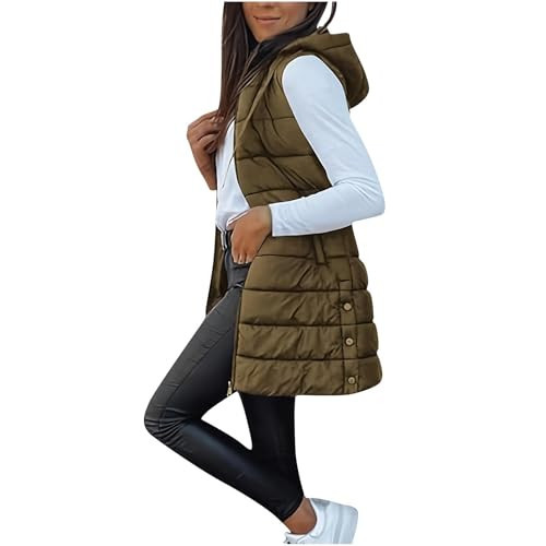RRMuAzgs womens long vests outerwear Long Puffer Vest Women Winter Hooded Sleeveless Coat Warm Quilted Vest Jacket Zip Up Puffy Coat fall warm Outerwear Coffee 2XL | Amazon (US)
