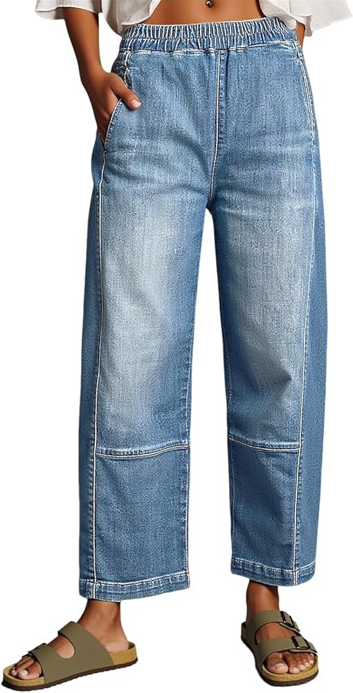 Cicy Bell Womens Baggy Cropped Jeans Elastic High Waisted Wide Leg Trendy Stretchy Seam Barrel Ca... | Amazon (US)