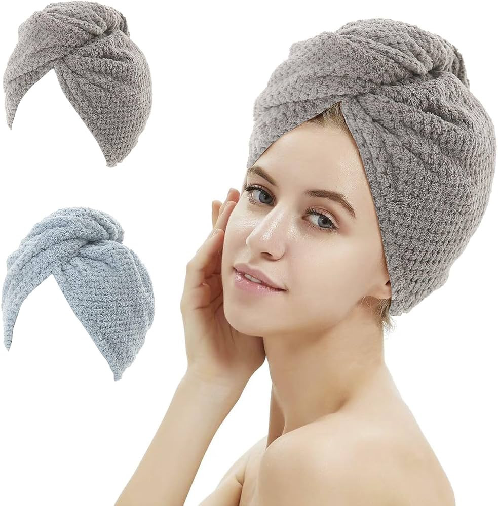2 Pack Absorbent Microfiber Hair Towel Wrap,Anti-frizz Hair Drying Towel with Button to Dry Hair ... | Amazon (US)