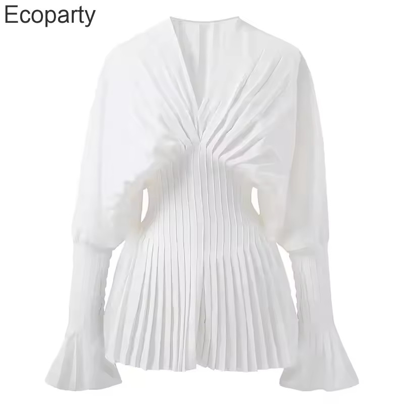 Camisas plisadas holgadas blancas con cuello en V para mujer, camisa elegante informal de gasa, b... | Aliexpress EU