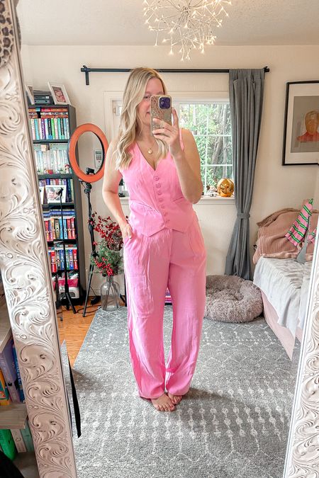 Cute monochrom pink look! The pants are long enough for tall people. 
Size down in the top, this is a large and I pinned it in the back, defiantly getting me a medium. pants tts size 12 



#LTKparties #LTKfindsunder50 #LTKover40