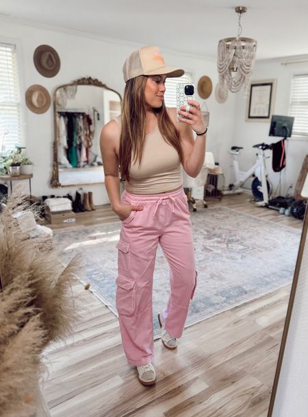 Cute new pink cargo pants for Spring and Summer! 

Trucker hat 
Spring outfit 
Summer outfit 
Old Navy 
Casual mom fit 

#LTKstyletip #LTKSpringSale #LTKSeasonal