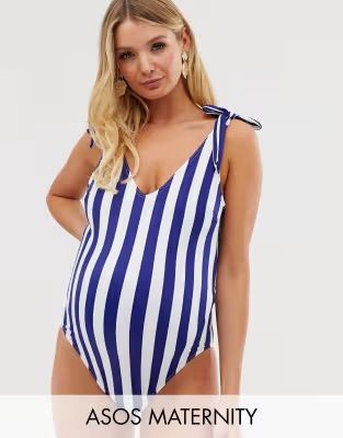 ASOS DESIGN Maternity recycled bunny tie shoulder swimsuit in stripe | ASOS US