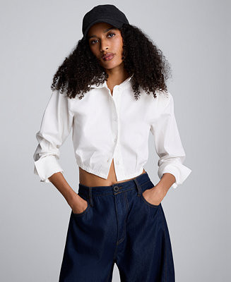 Women's Collar Neck Cropped Button-Down Shirt | Macy's