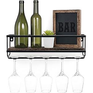 Mkono Wall Mounted Wine Shelf Wood Rustic Wine Bottle Glass Floating Rack with Stemware Hanger Moder | Amazon (US)