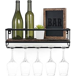 Mkono Wall Mounted Wine Shelf Wood Rustic Wine Bottle Glass Floating Rack with Stemware Hanger Moder | Amazon (US)