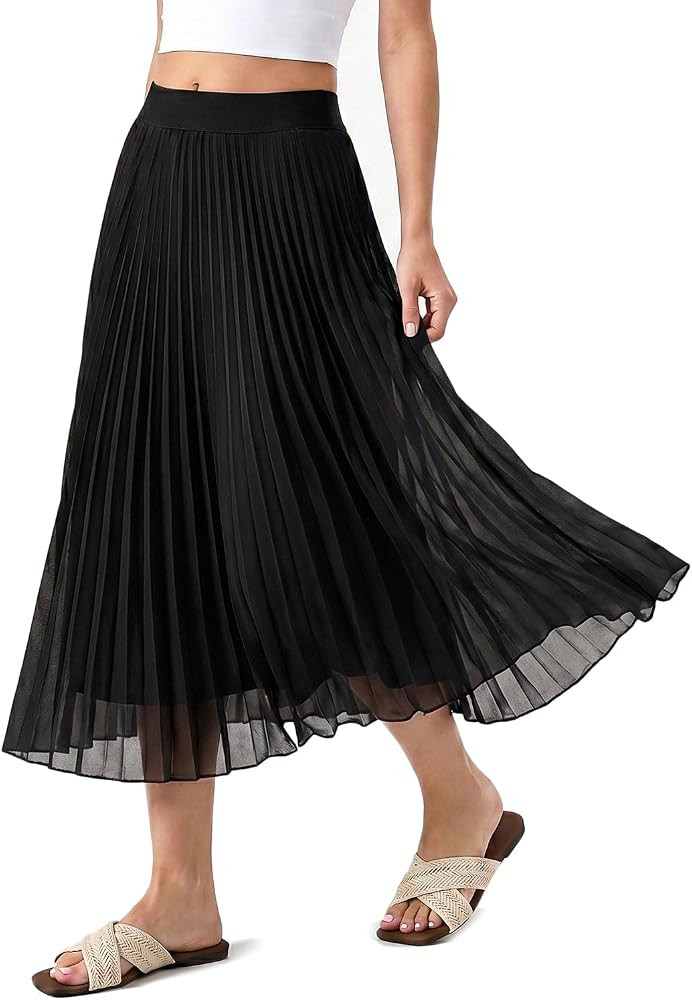 QINSEN Women's Elegant Flowy Pleated Chiffon Skirts Summer A-line Swing Midi Skirts Casual Elasti... | Amazon (US)