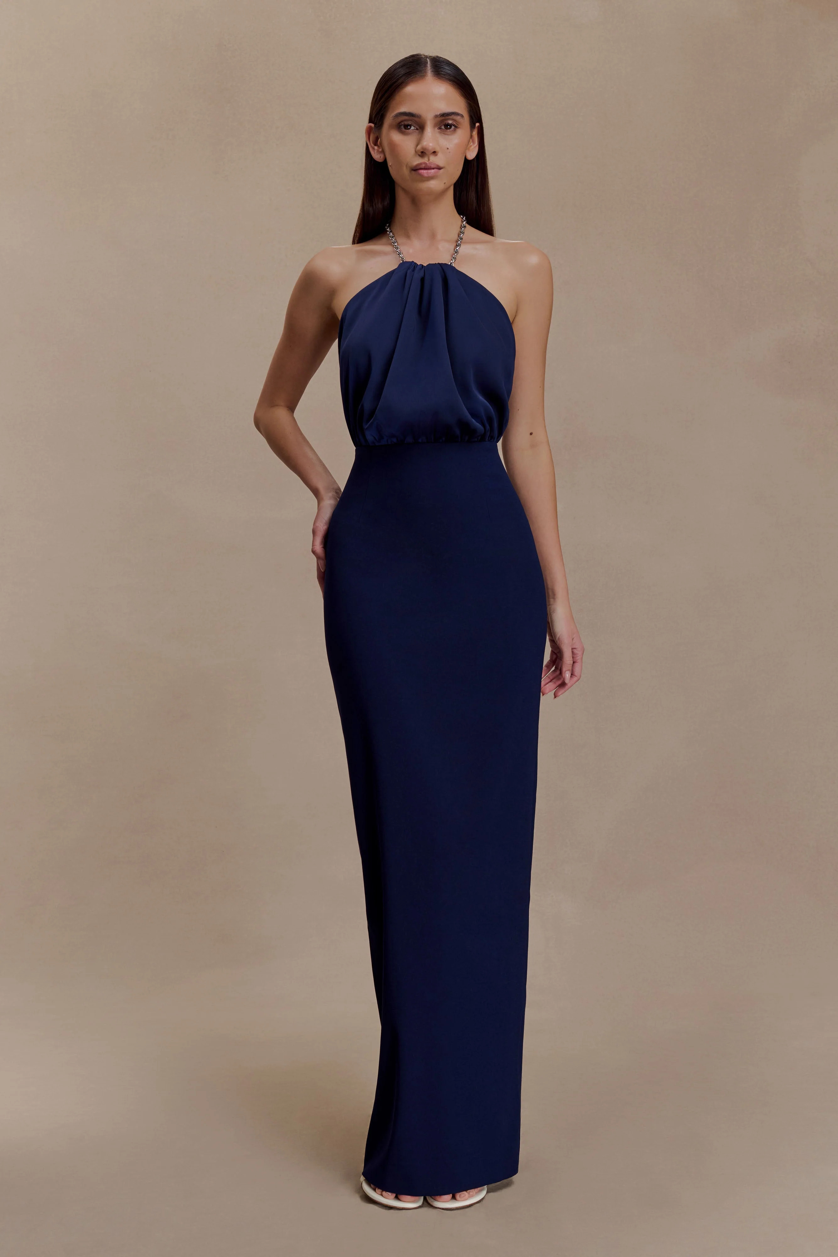 Elina Satin Necklace Maxi Dress - Navy | Meshki UK