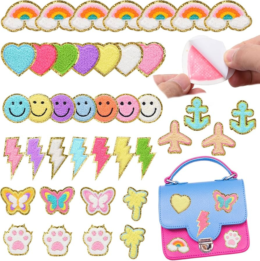 Jspupifip 40 Pcs Cute Chenille Embroidered Patches,Self Adhesive Glitter Chenille Rainbow Heart I... | Amazon (US)
