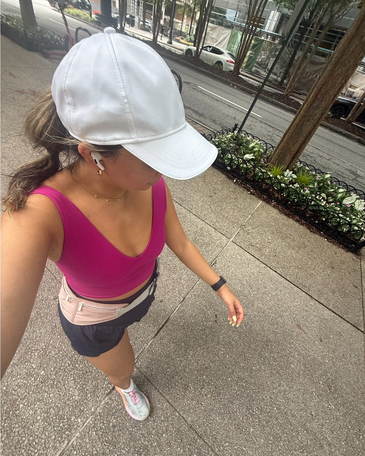Running fit 🏃‍♀️
• Top: Lululemon
• Shorts: Free People
• Hat: Walmart
• Belt: Amazon
• Socks: Wright Socks (Amazon)
• Shoes: Hoka Mach 6s

This combo is comfy, cute, and holds up through the humidity. 
