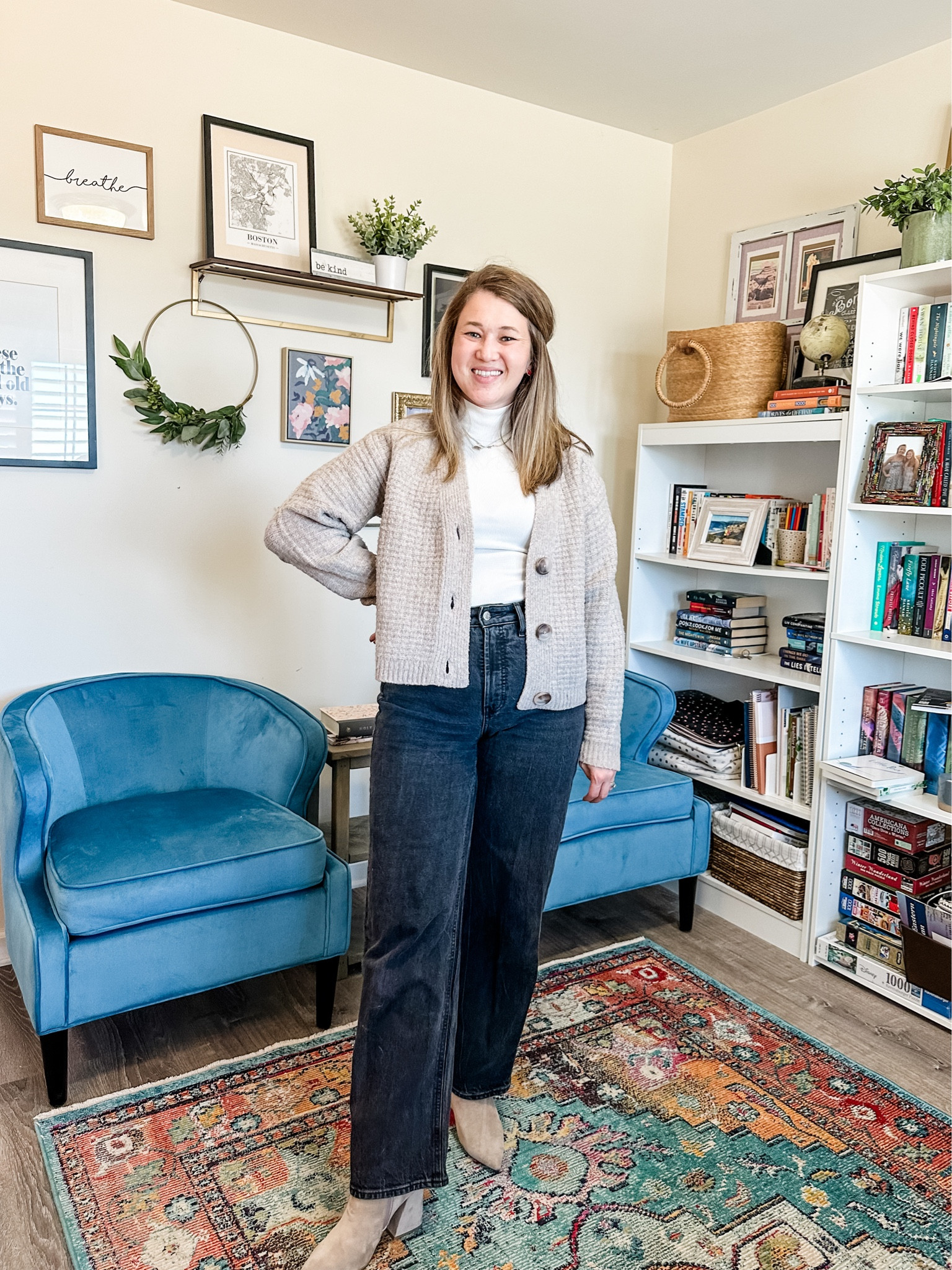 Thanksgiving outfit idea - high waisted black jeans, open button cardigan, and mock neck tank! 

#LTKSeasonal #LTKshoecrush #LTKfindsunder50