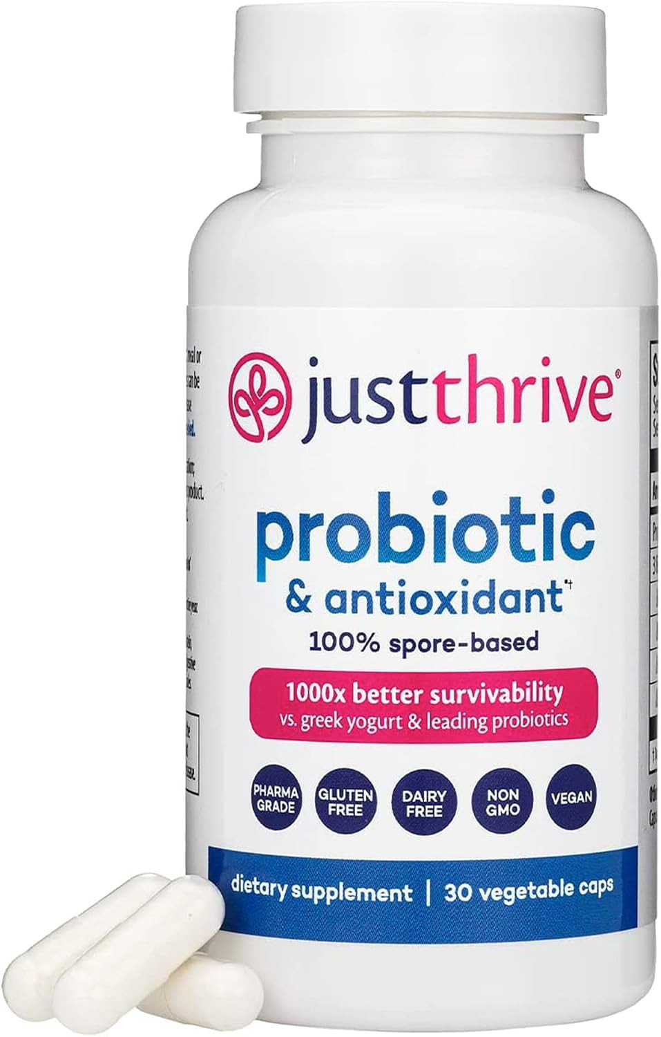 Just Thrive Probiotic & Antioxidant Supplement - 100% Spore-Based Digestive and Immune Support - Gluten Free, 30 Caps | Amazon (US)