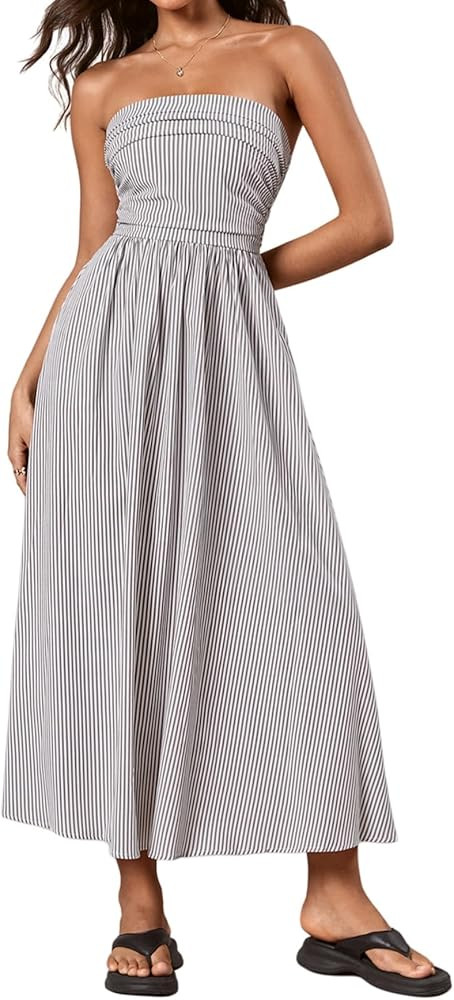 Milumia Women's Striped Strapless Maxi Dress Summer Casual Tube Top Long Dresses with Pocket | Amazon (US)