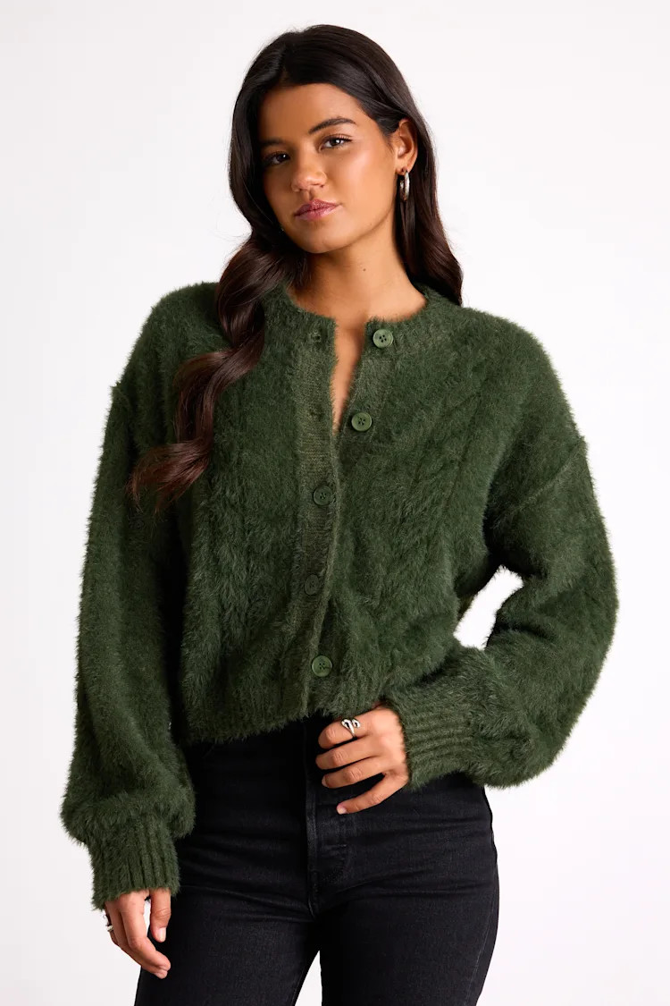 Ashby Dark Green Braided Eyelash Knit Cardigan Sweater | Lulus