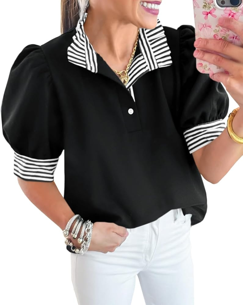 Cicy Bell Womens Summer Puff Sleeve Blouses Casual Dressy Ruffle V Neck Tops Color Block Striped ... | Amazon (US)