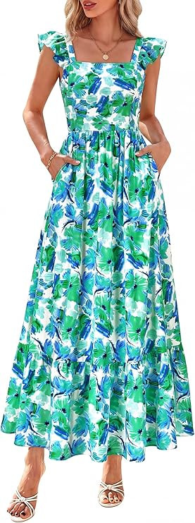 dowerme Womens Summer Dresses 2026 Ruffle Sleeve Square Neck Floral Boho Midi Dress Spring Smocke... | Amazon (US)