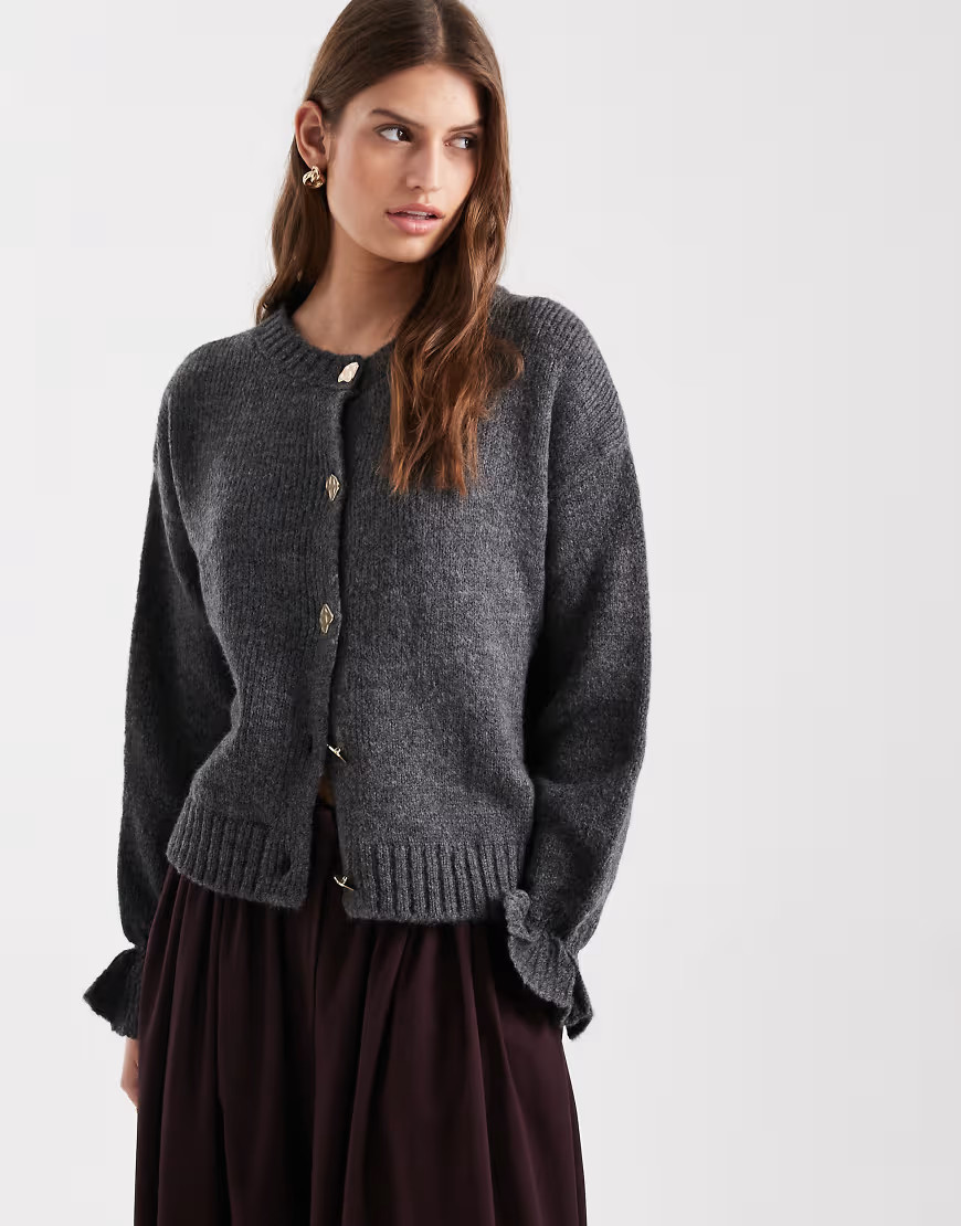 ASOS DESIGN knit cardigan with gold buttons in charcoal-Gray | ASOS (Global)