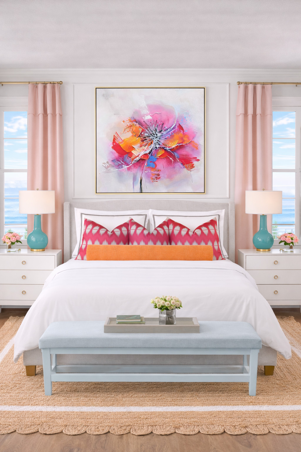 colorful bedroom decor, bold floral wall art, statement artwork, pink and orange bedroom, coral accents, preppy coastal bedroom, palm beach style decor, beach house chic, feminine bedroom design, blush curtain panels, turquoise lamps, gold accents, brass hardware, chic nightstand styling, bedside table decor, layered white bedding, patterned throw pillows, ikat pillows, vibrant bolster pillow, light and airy bedroom, ocean view bedroom, seaside home decor, scalloped jute rug, woven rug detail, symmetrical bedroom layout, bright and happy home, resort style bedroom, glam coastal vibes, curated bedroom styling, sorority girl bedroom, dorm room inspiration, college apartment decor, preppy dorm decor, university of alabama style, bama dorm inspo, chic apartment bedroom, target home finds, amazon home favorites, pottery barn inspired, aesthetic bedroom inspo, cozy but colorful, elevated dorm room, southern style bedroom, home styling ideas 

 

#LTKU #LTKHome #LTKSaleAlert