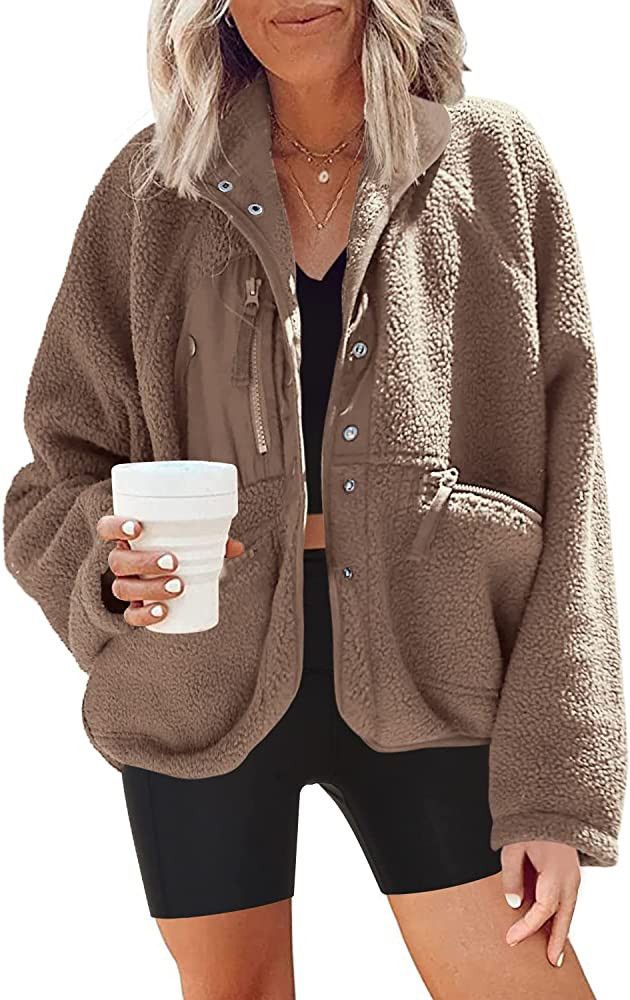 Nirovien Womens Fuzzy Fleece Jacket Button Down Shacket Casual Sherpa Coats Warm Outwear with Pocket | Amazon (US)