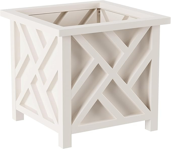 Lattice Design Outdoor Planter Box - 14.75” Square 13” Tall White Plant Pot - Decorative Plan... | Amazon (US)
