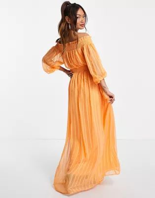 ASOS DESIGN Off shoulder maxi dress with blouson sleeve in self stripe | ASOS (Global)