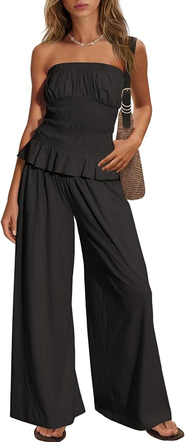 Panadila Women Pants Sets 2 Piece Outfits Matching Lounge Sets Smocked Tops and Wide Leg Pants Tr... | Amazon (US)