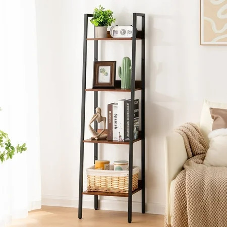 4-Tier Ladder Shelf, Corner Bookshelf for Living Room, Balcony, Home Office, Bookcase Storage & Display Shelf, Rustic Brown | Walmart (US)