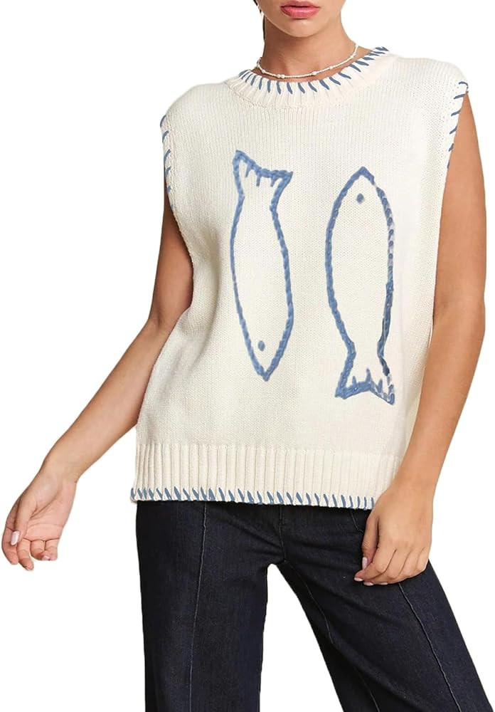 Women Graphic Sweater Vest Y2k Sleeveless Lobster Pullover Top Crew Neck Lightweight Fall Knit Ta... | Amazon (US)