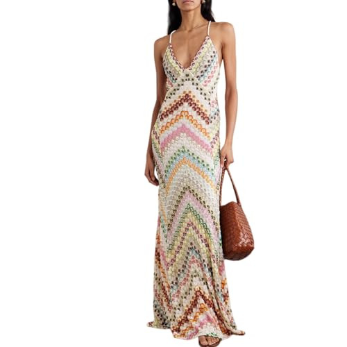 Plunging Neckline Dress V Neck Maxi Dress Colorful Chevron Print Backless Dress for Beach Vacatio... | Amazon (US)